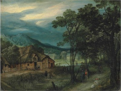 Paisaje boscoso con viajeros en un camino por un pueblo de Adriaen van Stalbemt